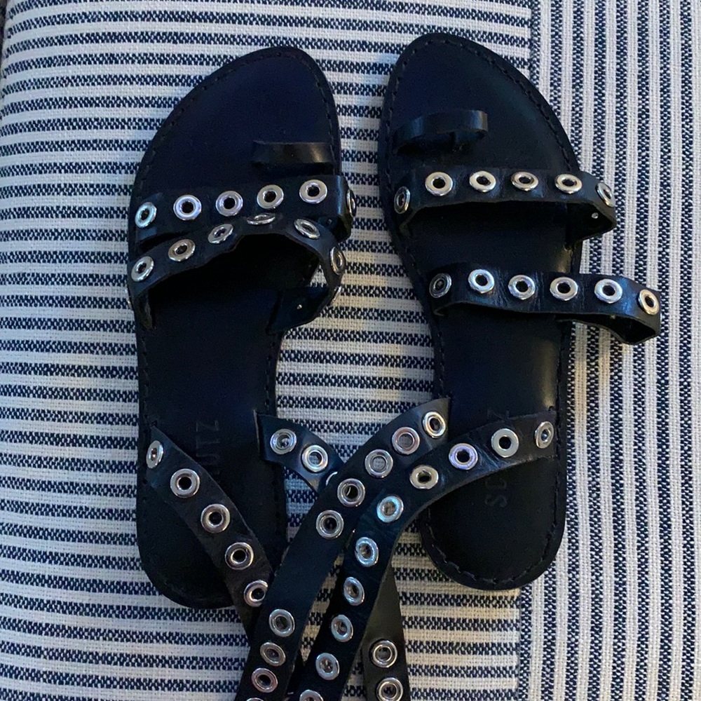 SCHUTZ Black Gladiator Eyelet Leather Sandals - Picture 2 of 7